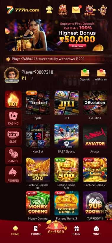 777in App Dashboard Interface for Android Users